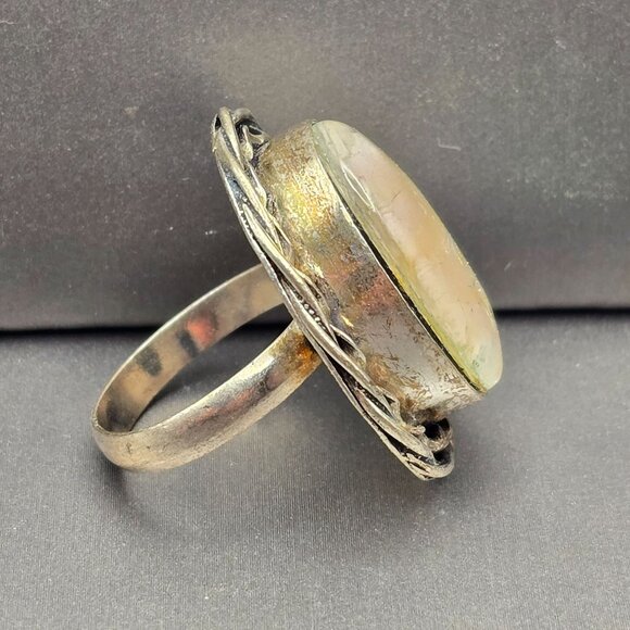 925 Sterling Silver Plt Dichroic Glass Ring Size 8 White Iridescent Bezel Set - Picture 9 of 13